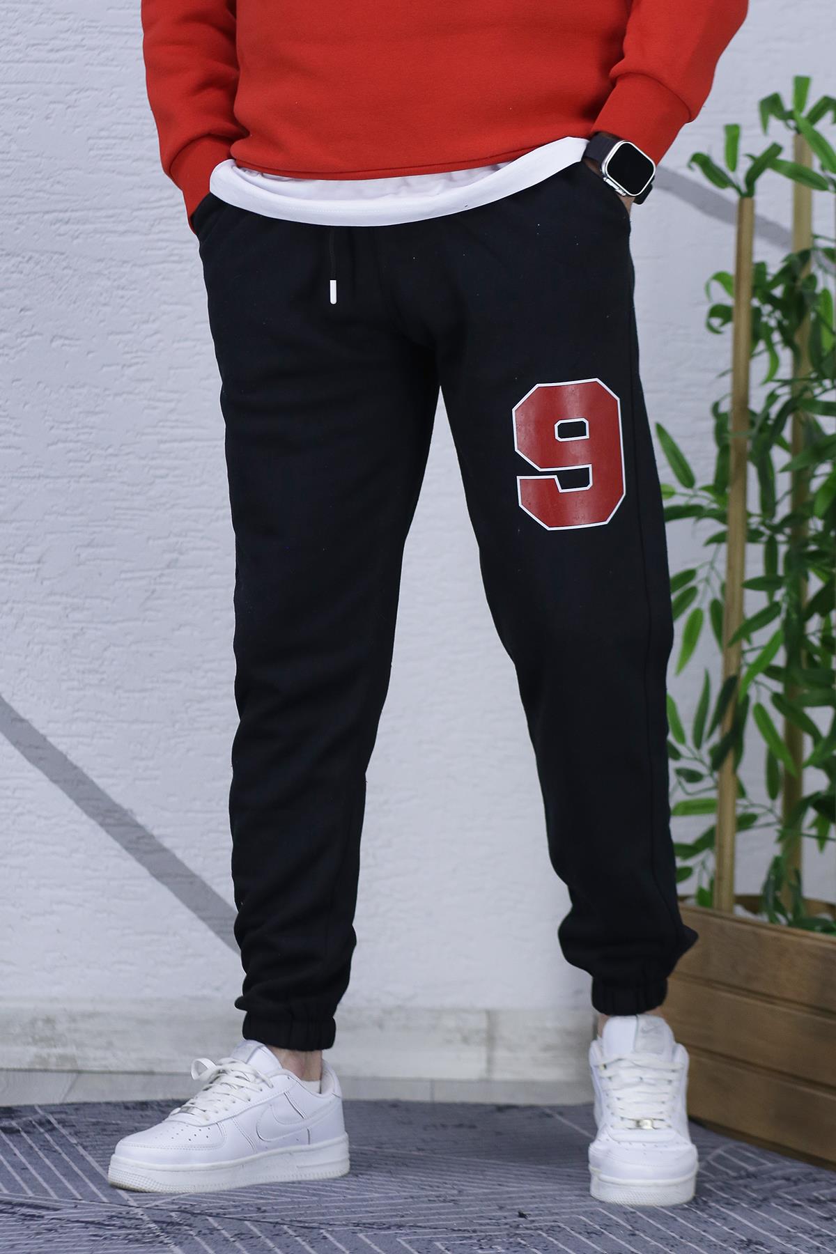 Erkek Şardonlu Üç İplik Kırmızı 9 Baskılı Eaşofman Altı - Siyah