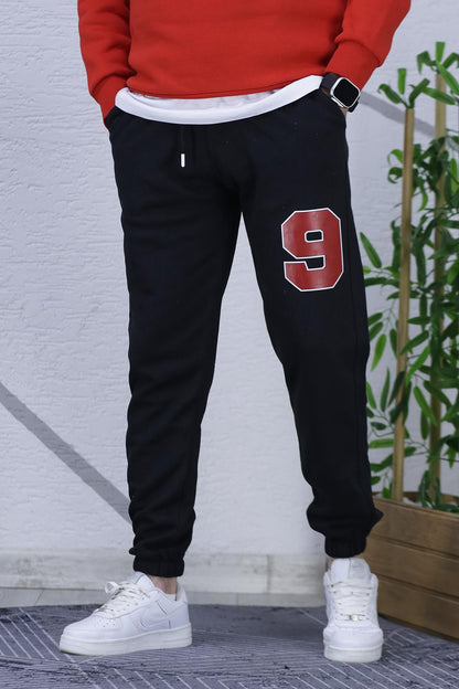 Erkek Şardonlu Üç İplik Kırmızı 9 Baskılı Eaşofman Altı - Siyah