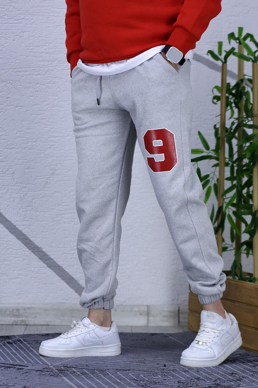 Erkek Şardonlu Üç İplik Kırmızı 9 Baskılı Eaşofman Altı - Gri