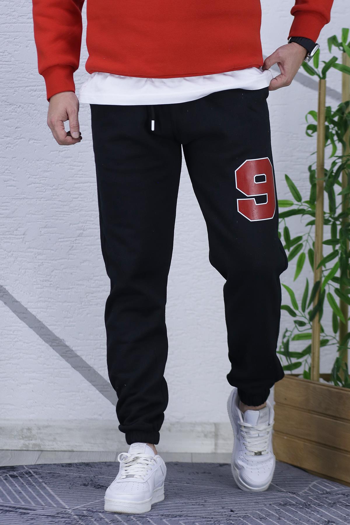 Erkek Şardonlu Üç İplik Kırmızı 9 Baskılı Eaşofman Altı - Siyah