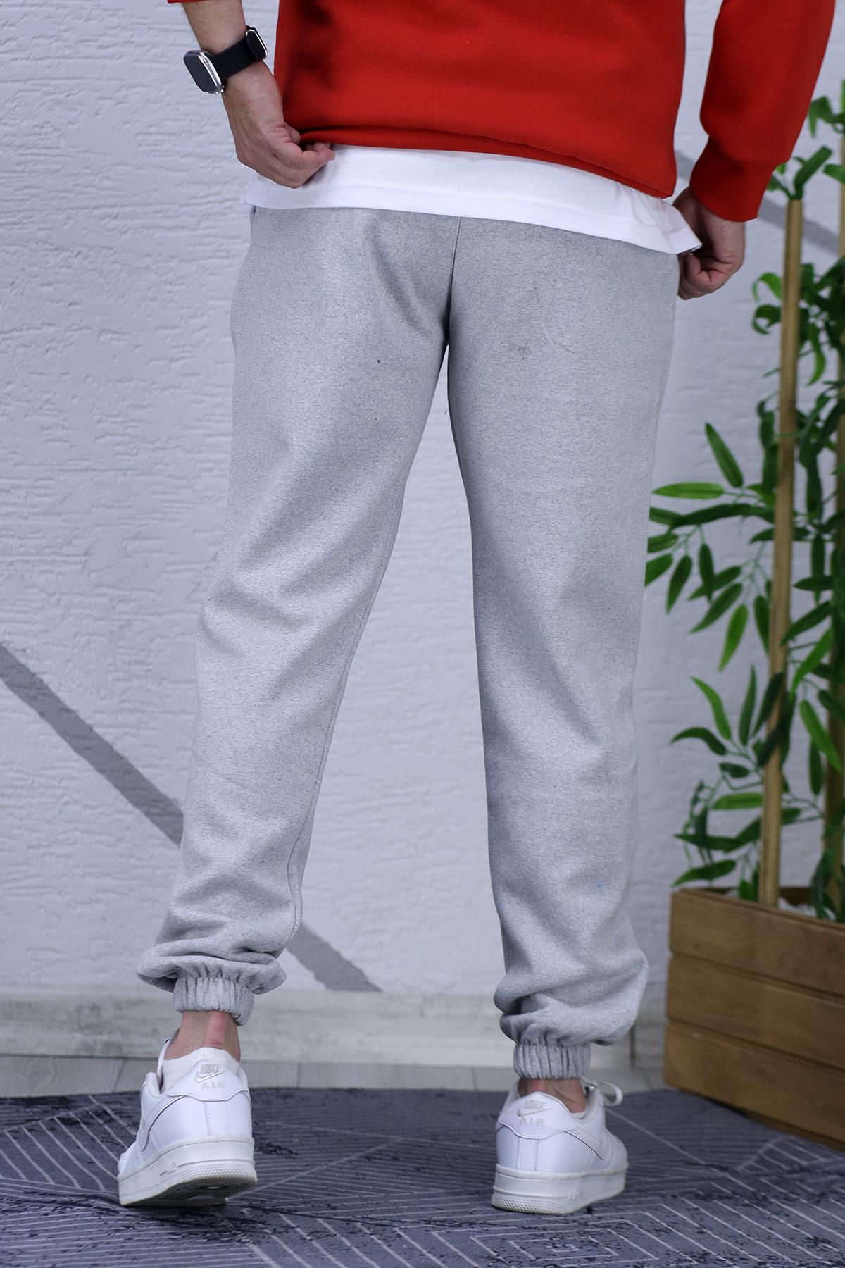 Erkek Şardonlu Üç İplik Kırmızı 9 Baskılı Eaşofman Altı - Gri