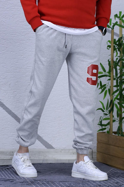 Erkek Şardonlu Üç İplik Kırmızı 9 Baskılı Eaşofman Altı - Gri