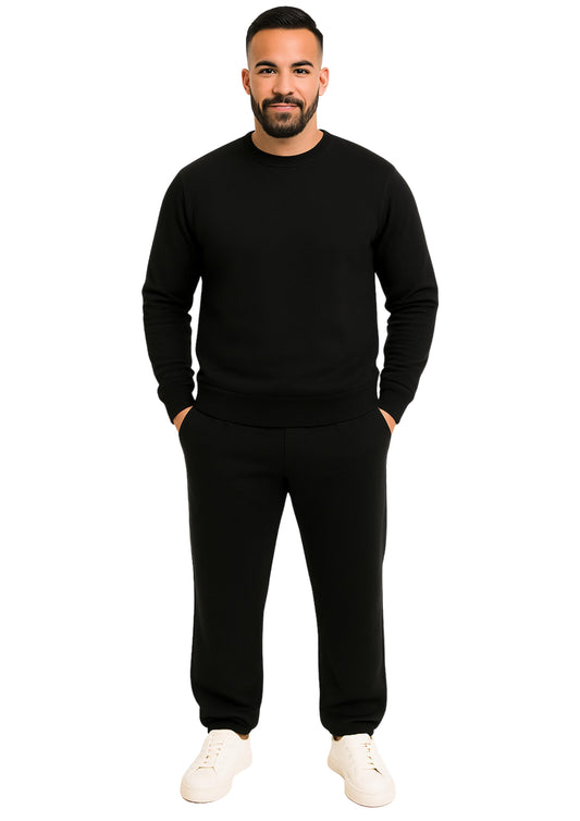 Erkek Sıfır Yaka 2 İplik Şardonlu Paça Lastikli  Eşofman Takımı - Siyah