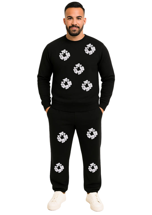 Erkek Sıfır Yaka 2 İplik Şardonlu Paça Lastikli  Eşofman Takımı - Beyaz