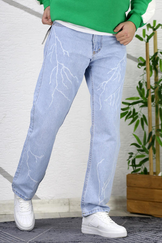 Erkek Siyah Baggy Yıldırım Desenli Bol Kesim Kot Pantolon - Açık Mavi