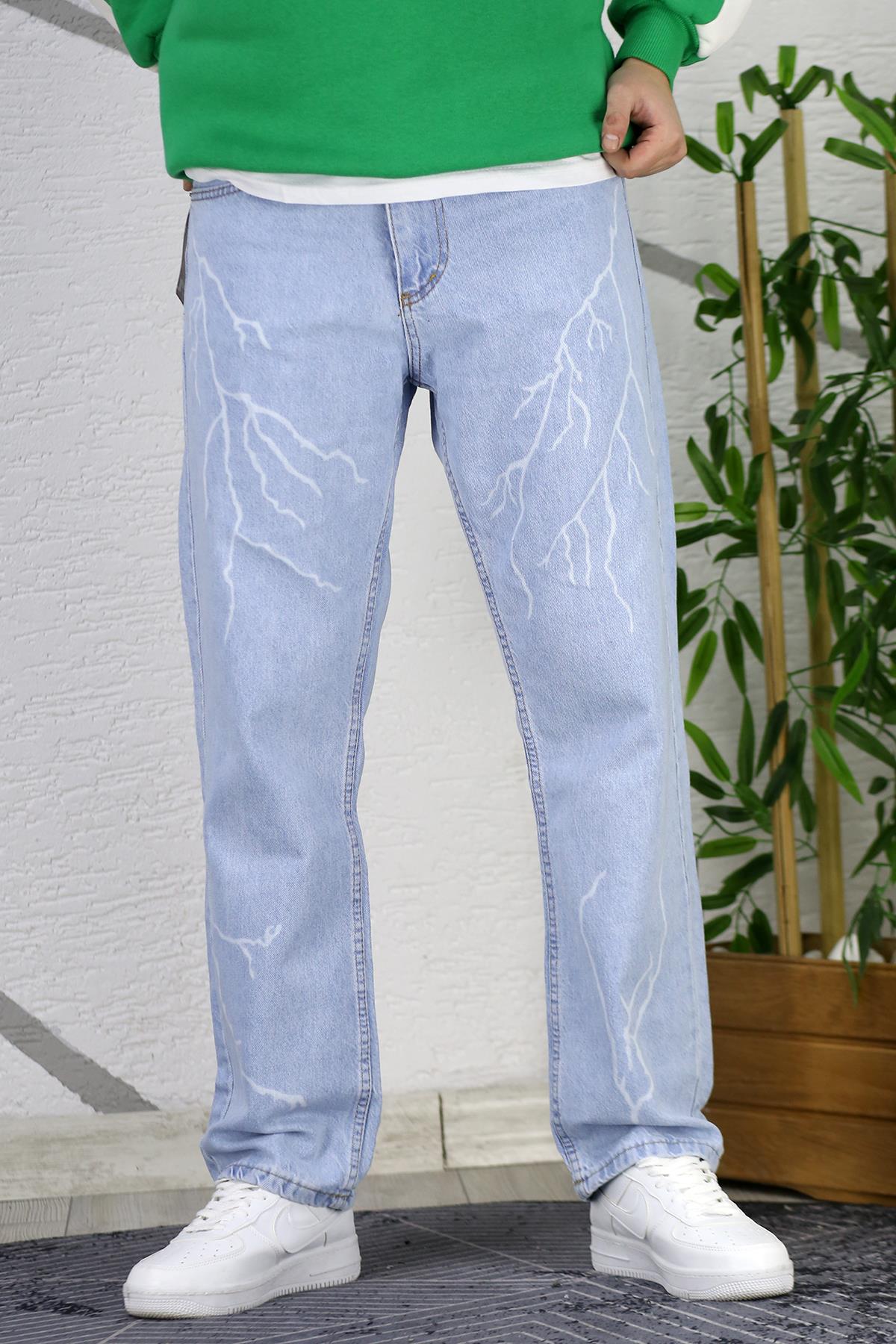 Erkek Siyah Baggy Yıldırım Desenli Bol Kesim Kot Pantolon - Açık Mavi