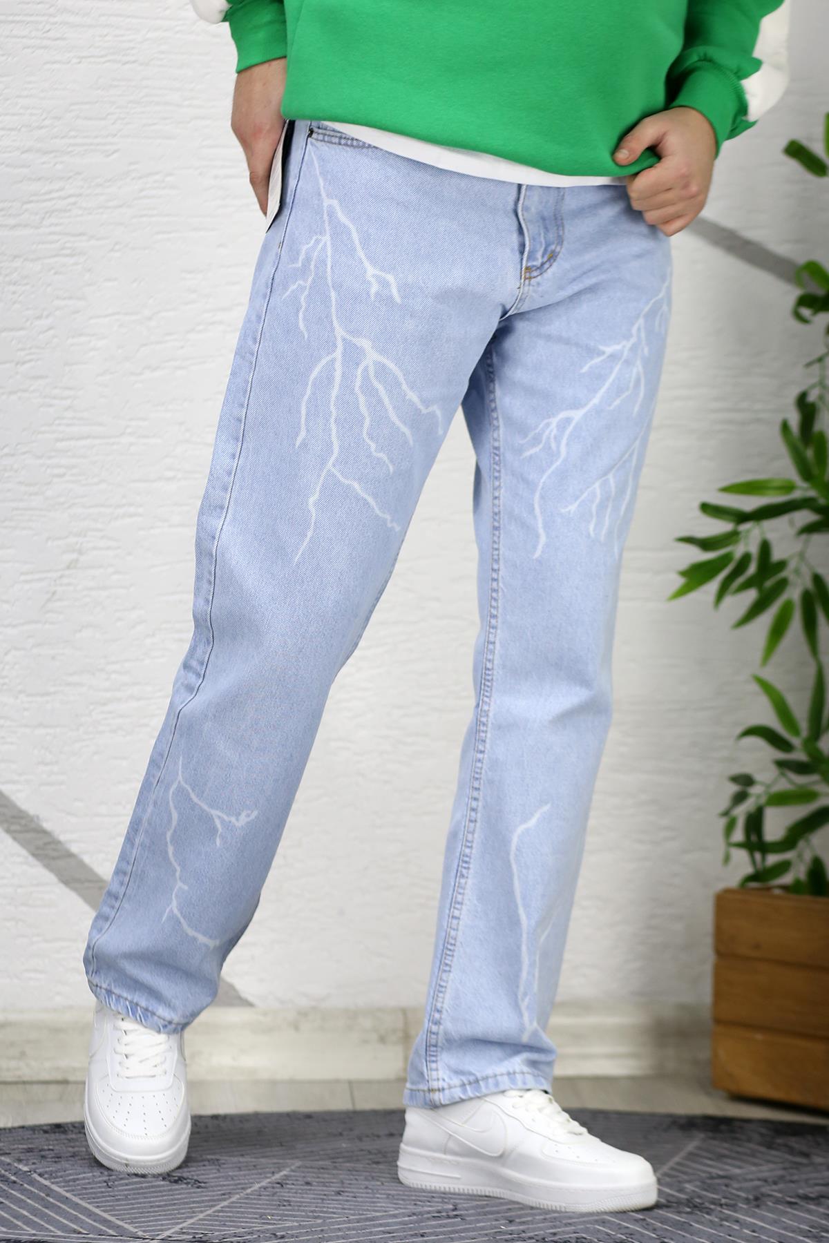 Erkek Siyah Baggy Yıldırım Desenli Bol Kesim Kot Pantolon - Açık Mavi