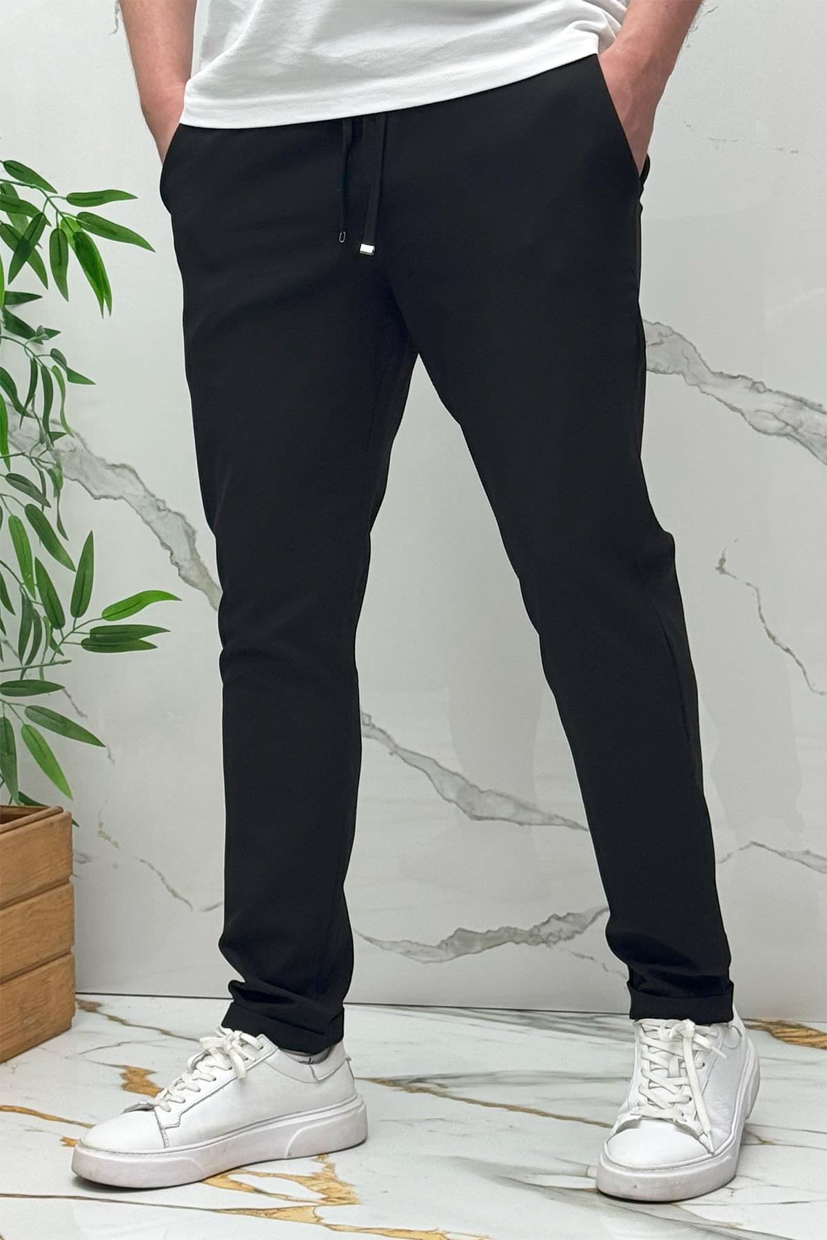 Erkek Slim Fit Keten Pantolon Premium Kalite Dar Kesim - Siyah