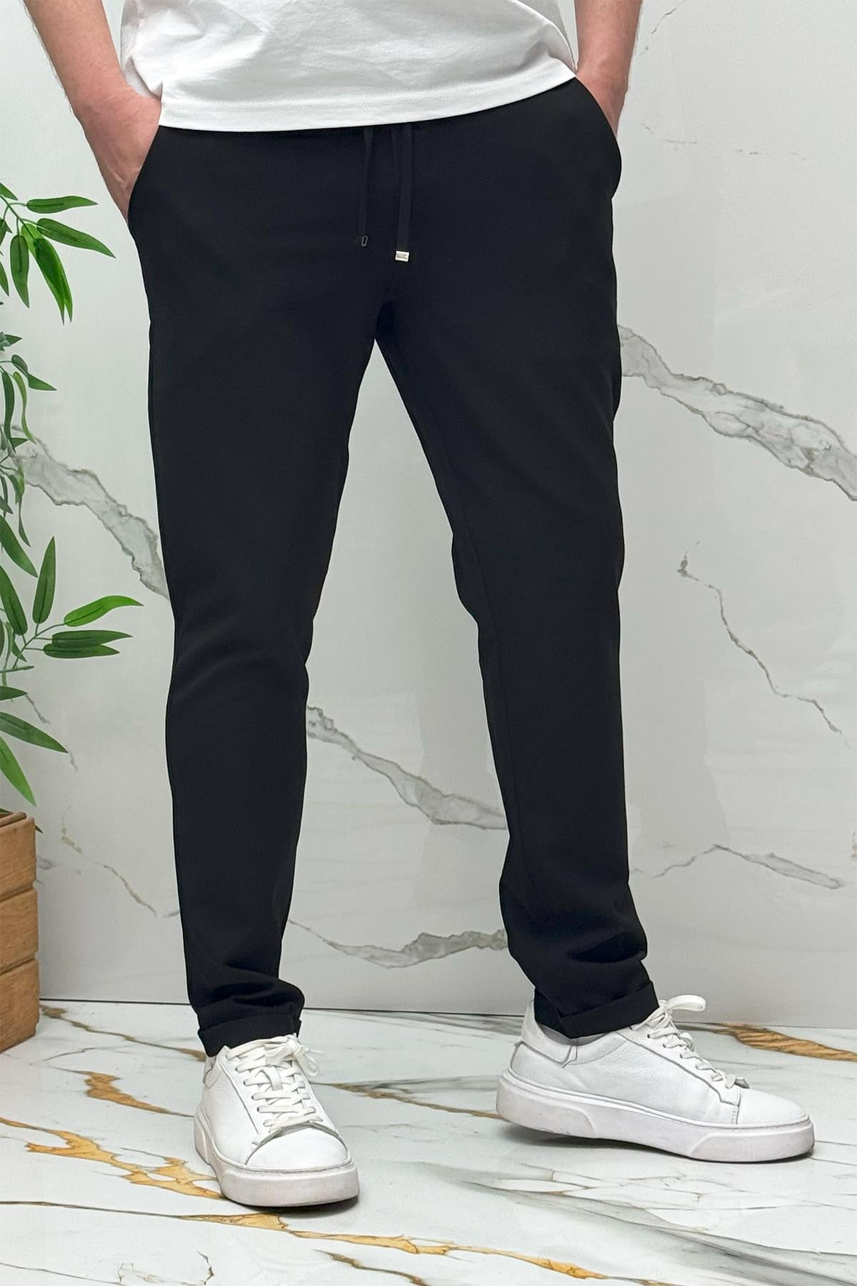 Erkek Slim Fit Keten Pantolon Premium Kalite Dar Kesim - Siyah