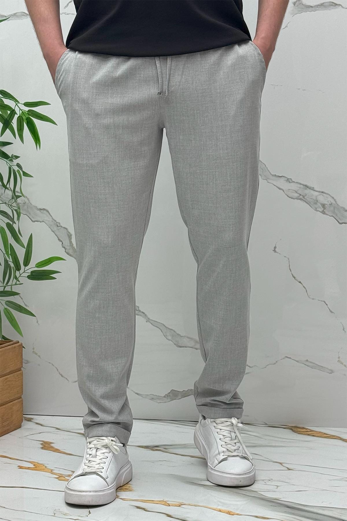 Erkek Slim Fit Keten Pantolon Premium Kalite Dar Kesim - Gri