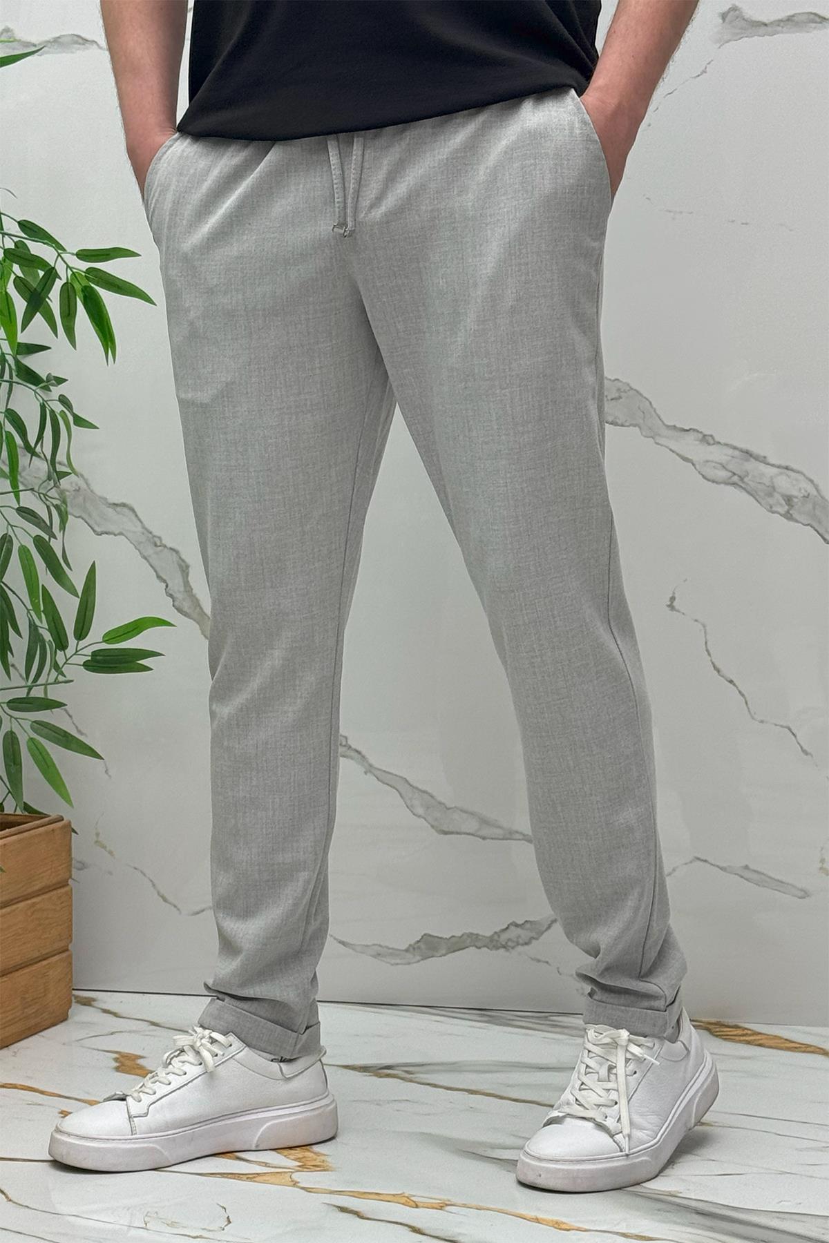 Erkek Slim Fit Keten Pantolon Premium Kalite Dar Kesim - Gri