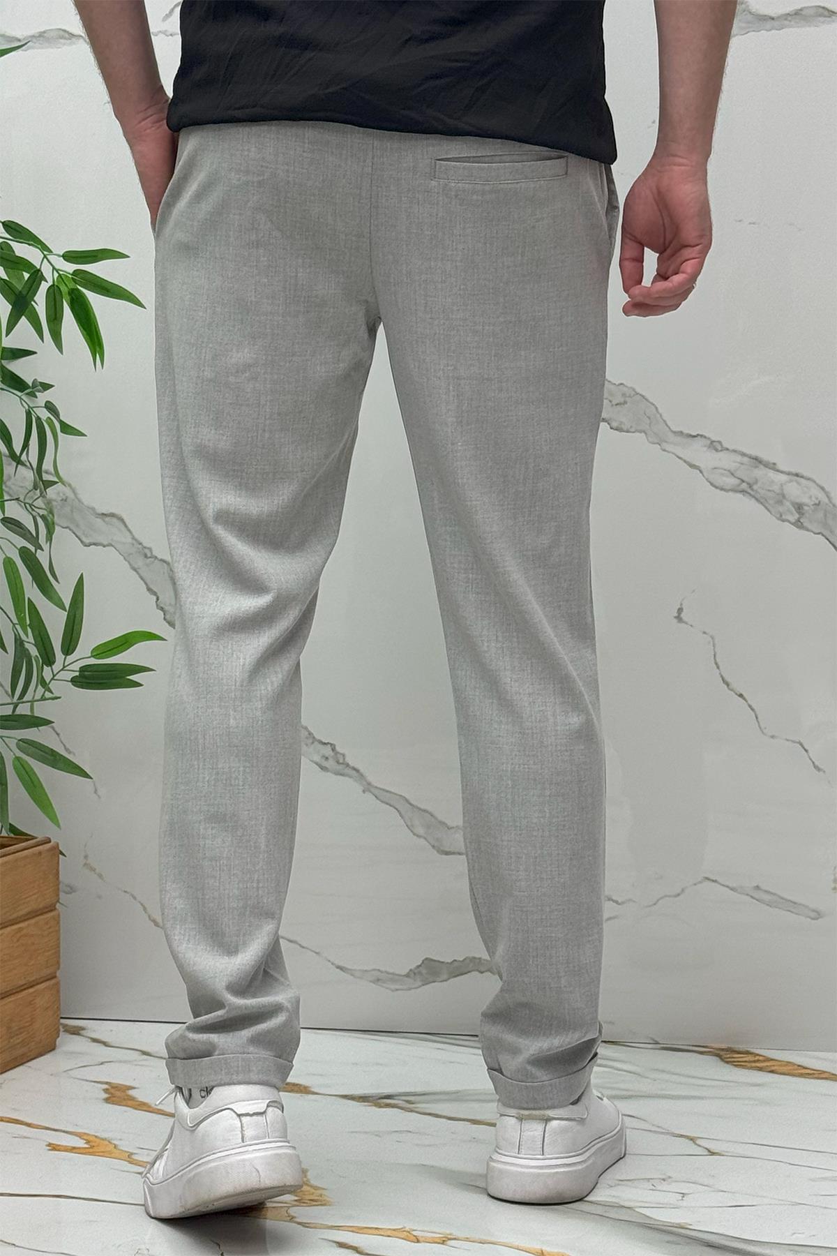 Erkek Slim Fit Keten Pantolon Premium Kalite Dar Kesim - Gri