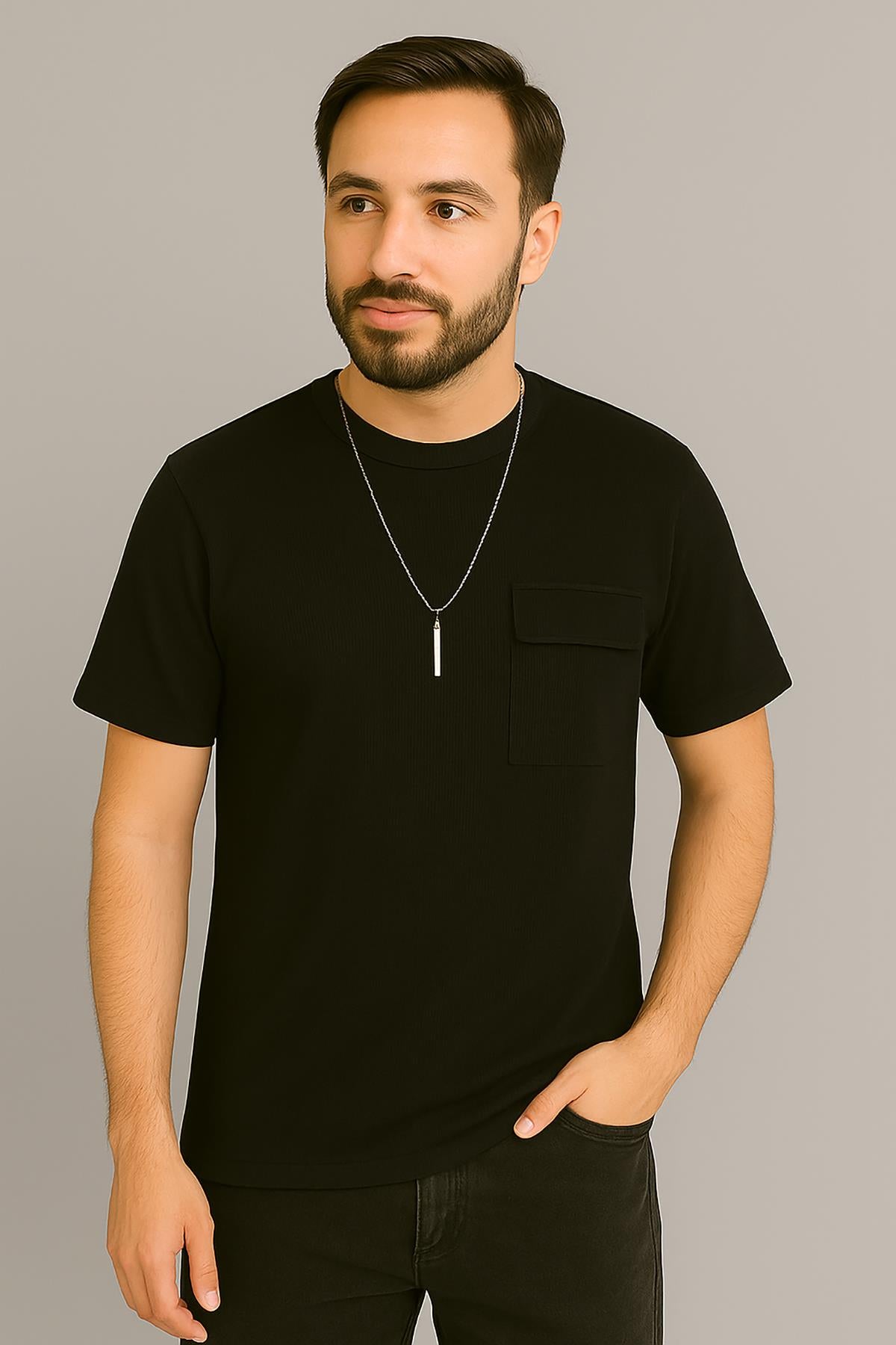 Erkek Tshirt  Kolyeli-Cepli Gofre Likralı Kumaş (Dar Kalıp) - Siyah