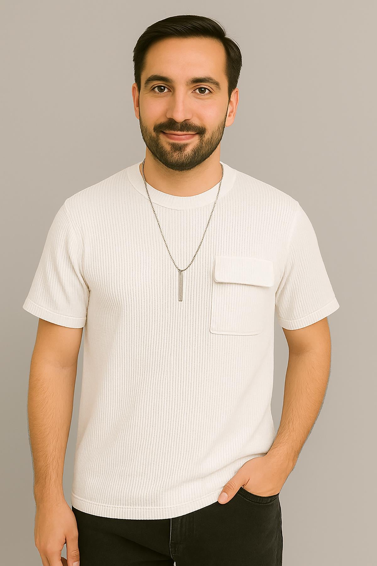 Erkek Tshirt  Kolyeli-Cepli Gofre Likralı Kumaş (Dar Kalıp) - Beyaz