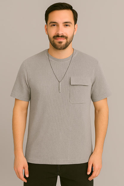 Erkek Tshirt  Kolyeli-Cepli Gofre Likralı Kumaş (Dar Kalıp) - Gri