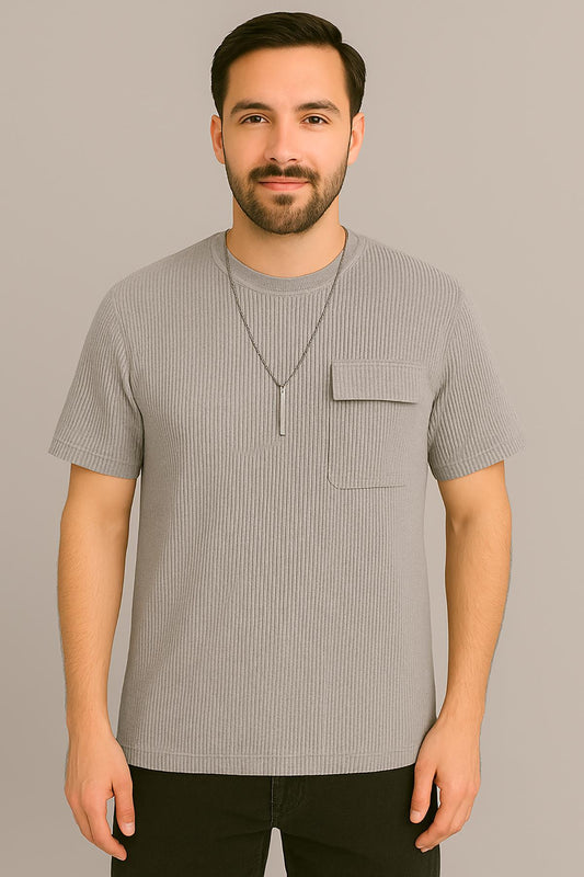 Erkek Tshirt  Kolyeli-Cepli Gofre Likralı Kumaş (Dar Kalıp) - Gri