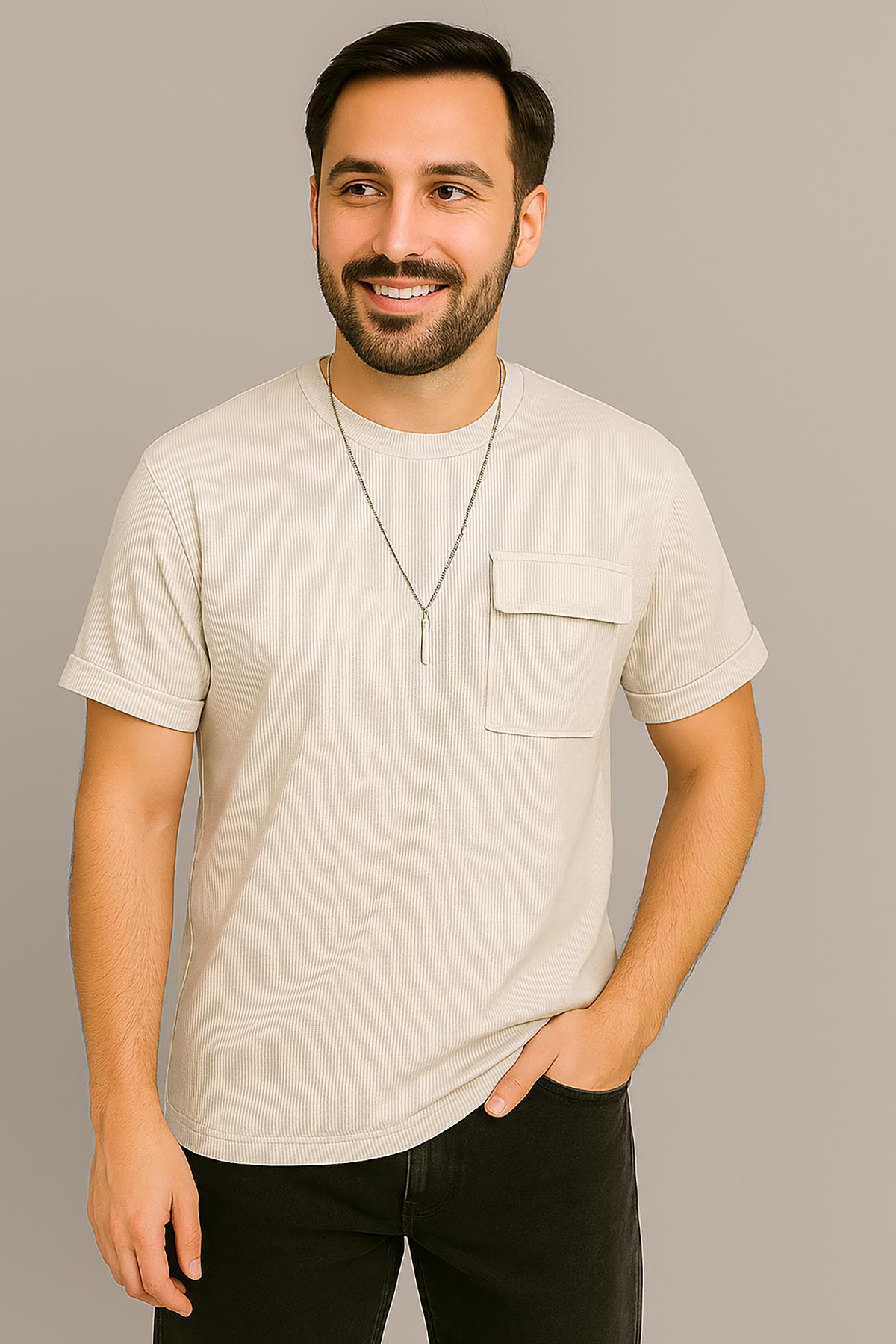 Erkek Tshirt  Kolyeli-Cepli Gofre Likralı Kumaş (Dar Kalıp) - Bej