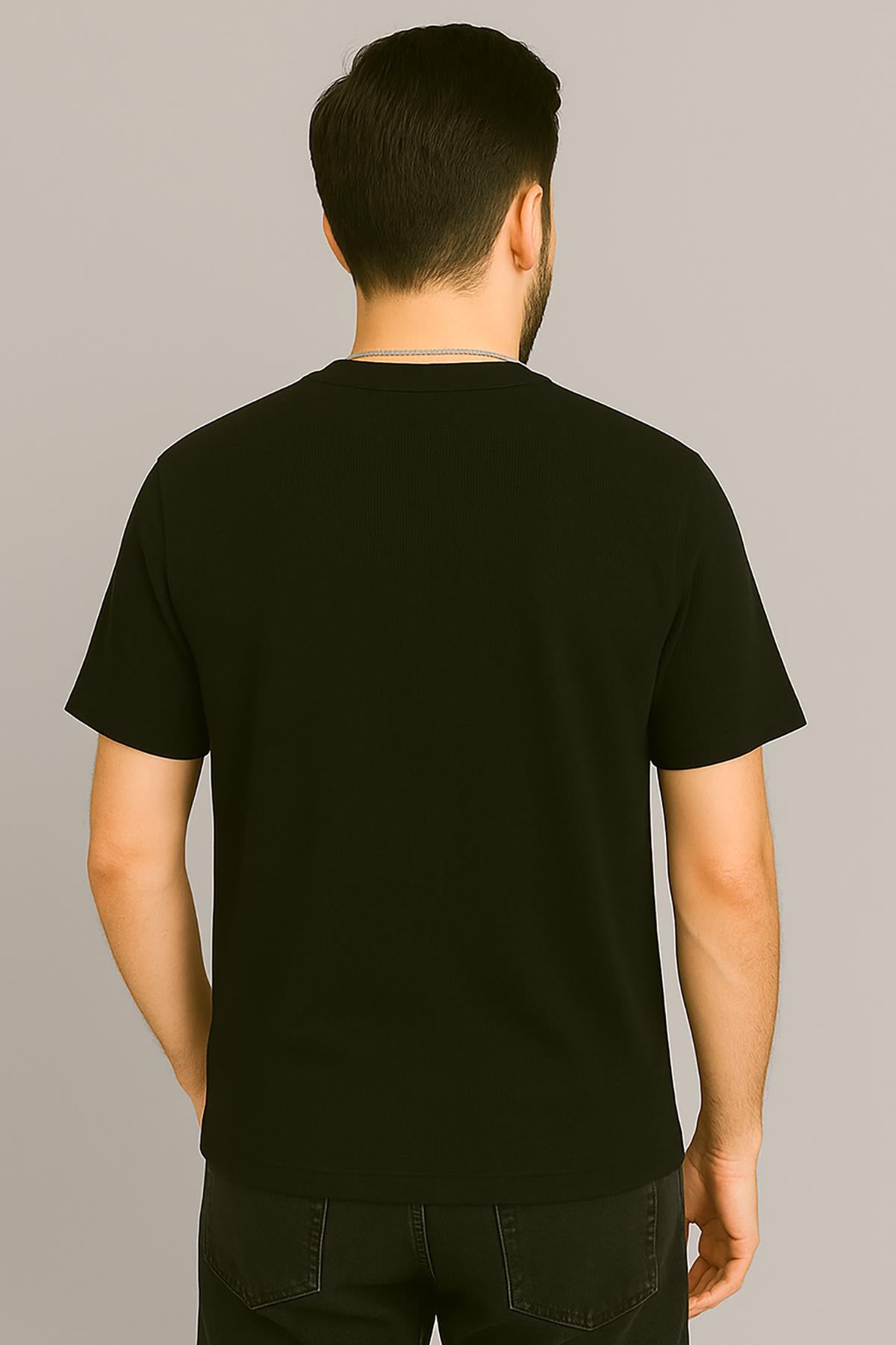 Erkek Tshirt  Kolyeli-Cepli Gofre Likralı Kumaş (Dar Kalıp) - Siyah
