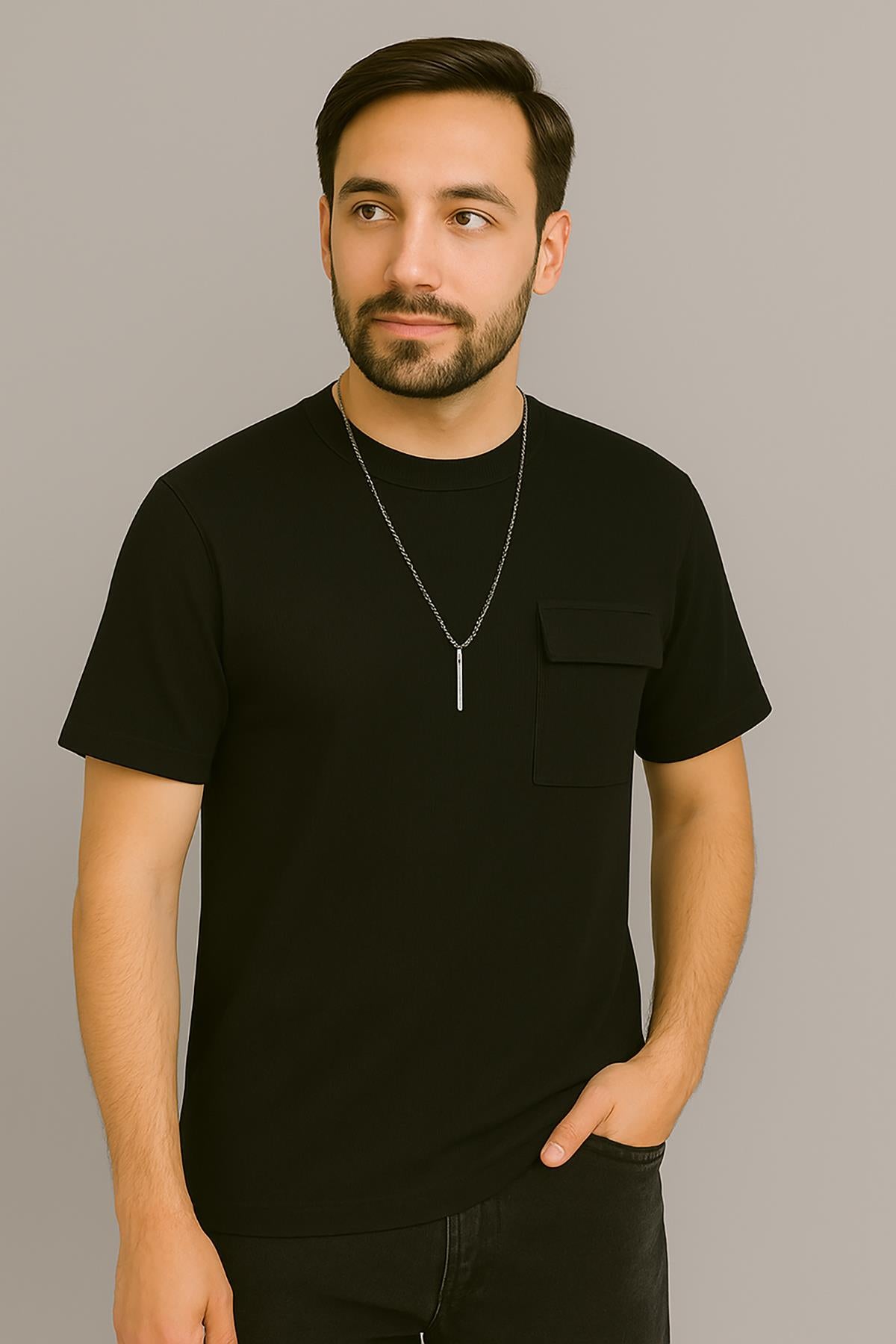 Erkek Tshirt  Kolyeli-Cepli Gofre Likralı Kumaş (Dar Kalıp) - Siyah