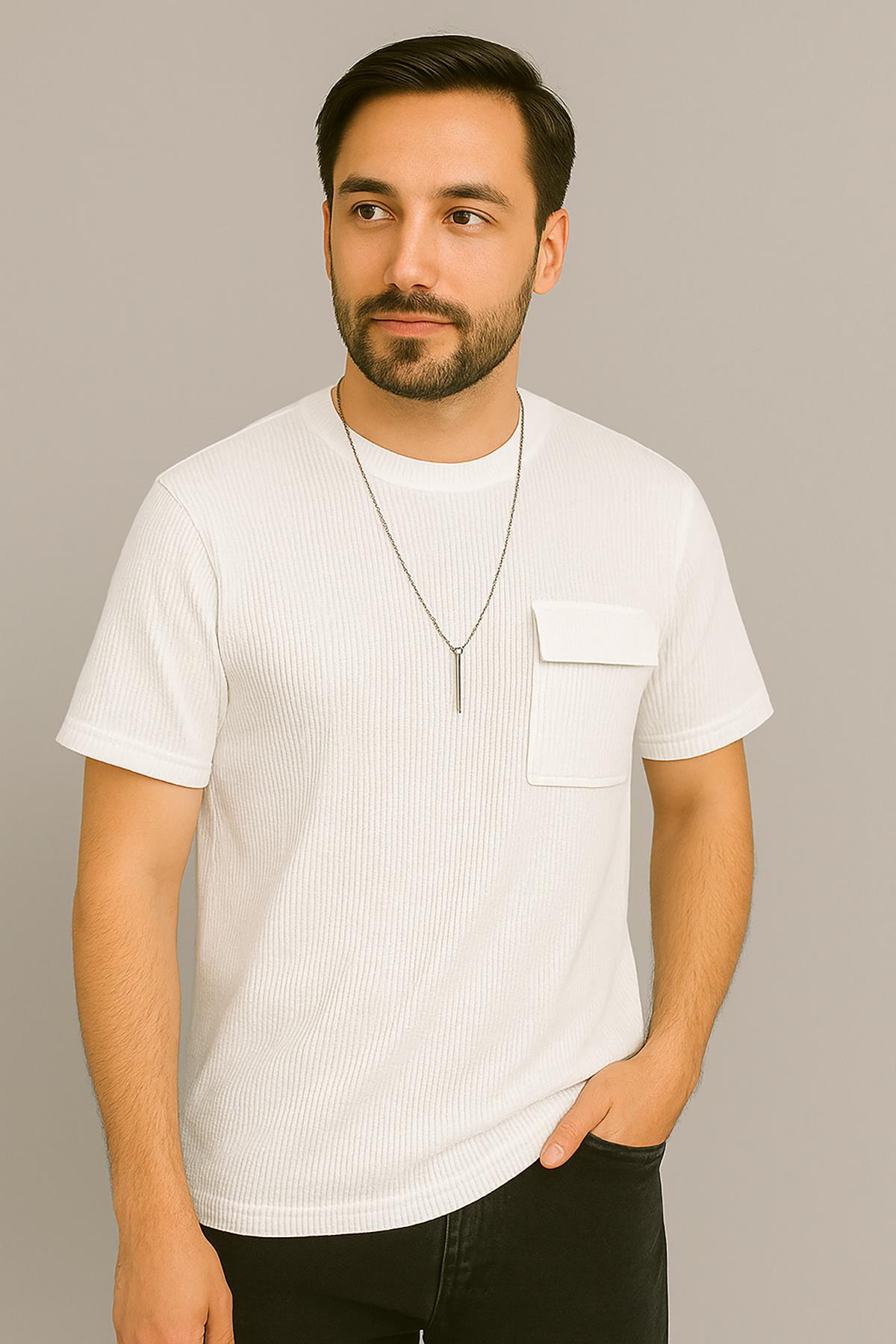 Erkek Tshirt  Kolyeli-Cepli Gofre Likralı Kumaş (Dar Kalıp) - Beyaz