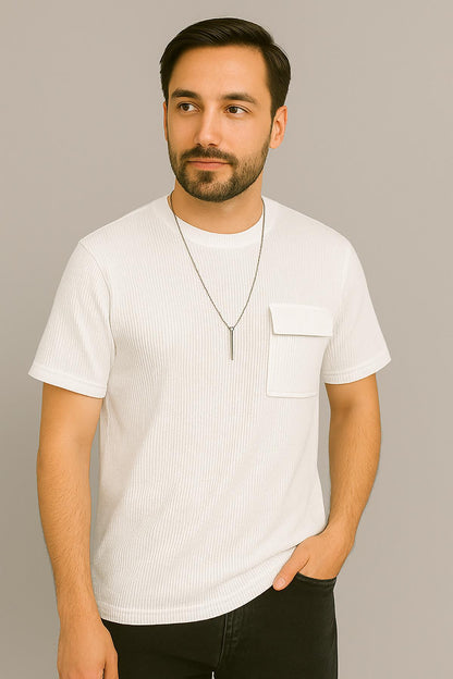 Erkek Tshirt  Kolyeli-Cepli Gofre Likralı Kumaş (Dar Kalıp) - Beyaz