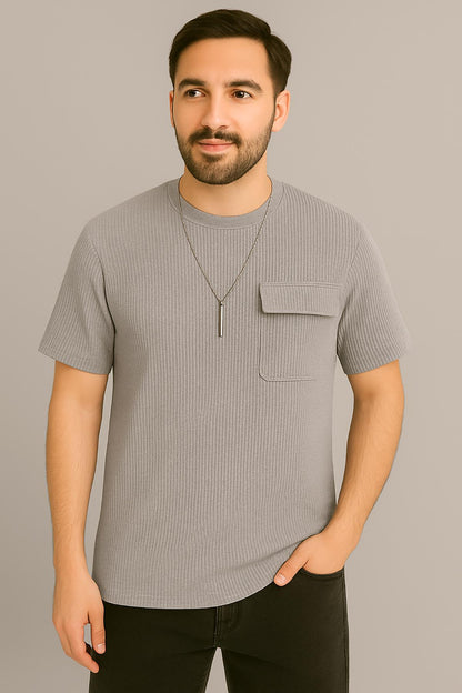 Erkek Tshirt  Kolyeli-Cepli Gofre Likralı Kumaş (Dar Kalıp) - Gri
