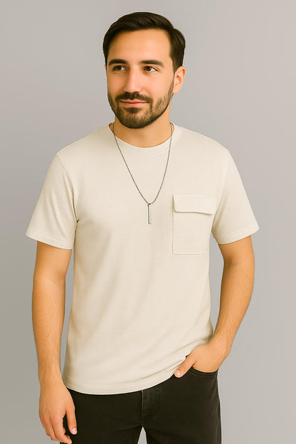 Erkek Tshirt  Kolyeli-Cepli Gofre Likralı Kumaş (Dar Kalıp) - Bej