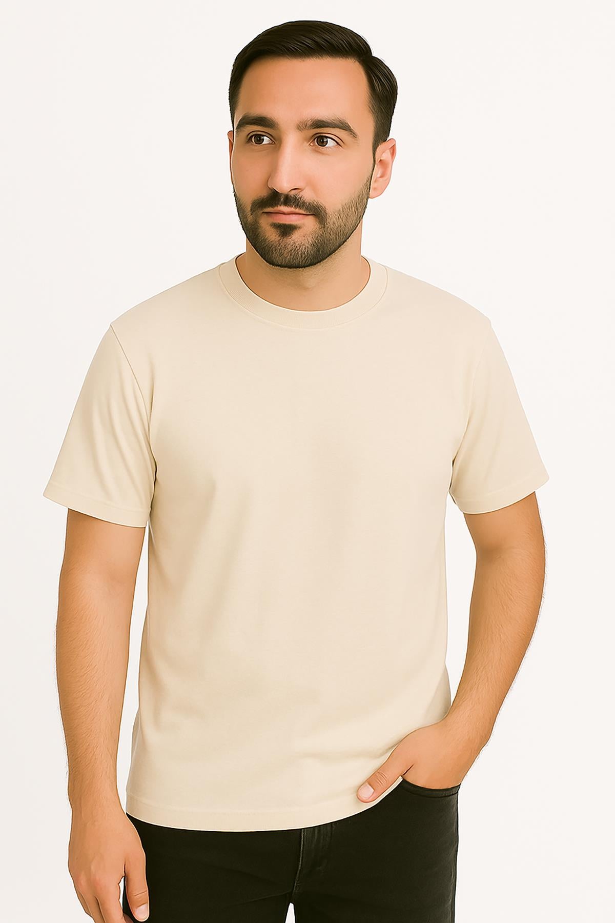 Erkek Tshirt  Slim Fit (Dar Kalıp) Premium Kalite Düz Model - Bej