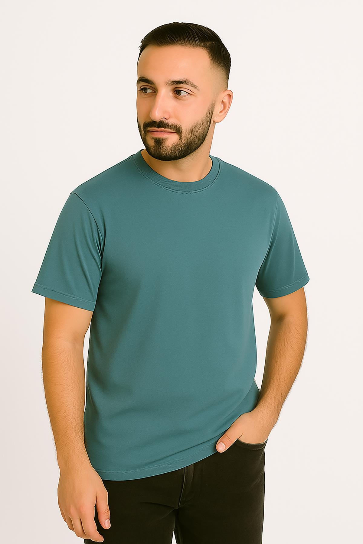 Erkek Tshirt  Slim Fit (Dar Kalıp) Premium Kalite Düz Model - Haki Yeşil