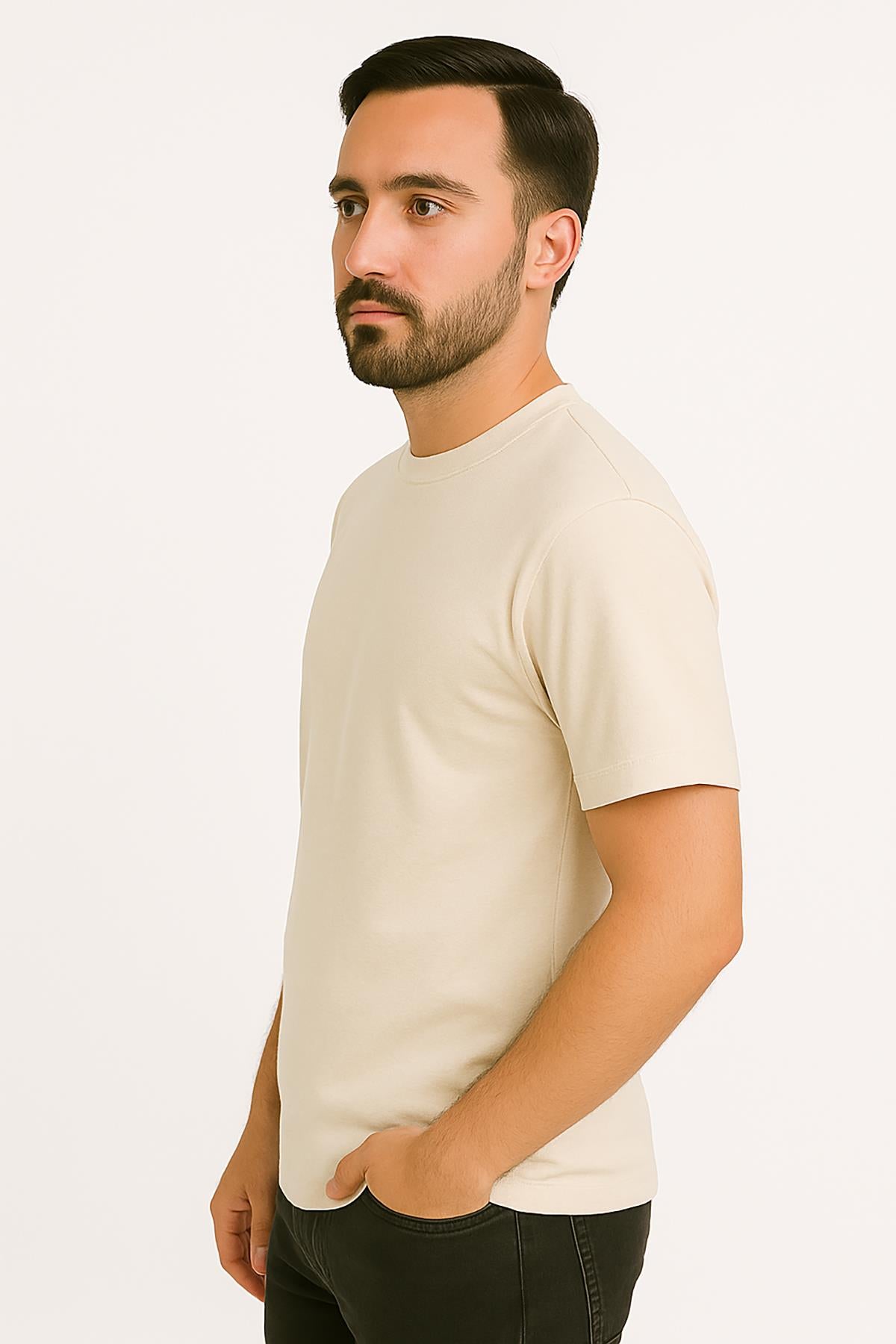 Erkek Tshirt  Slim Fit (Dar Kalıp) Premium Kalite Düz Model - Bej