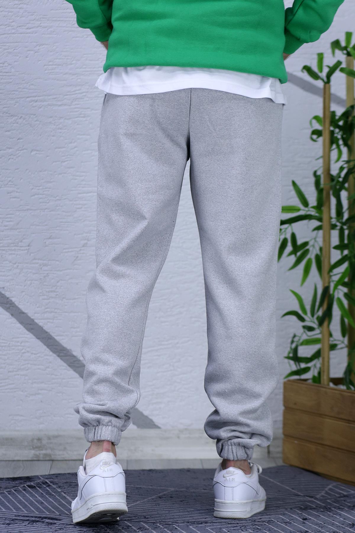 Erkek Üç İplik Eşofman Altı Boston Baskı - Gri