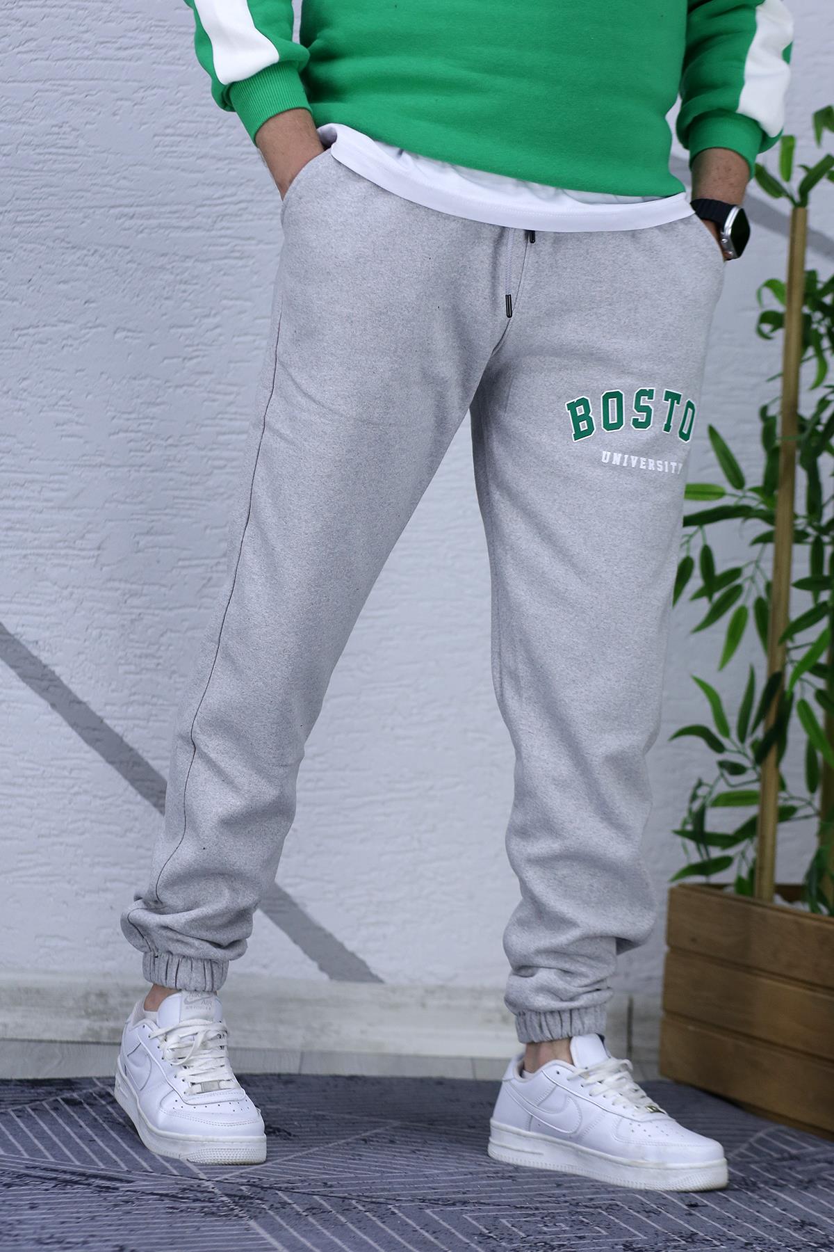 Erkek Üç İplik Eşofman Altı Boston Baskı - Gri