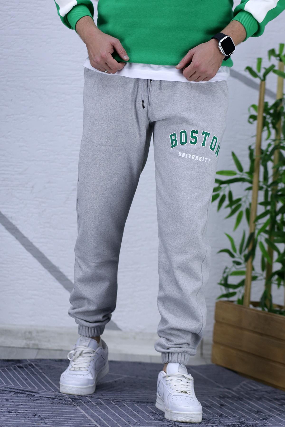 Erkek Üç İplik Eşofman Altı Boston Baskı - Gri