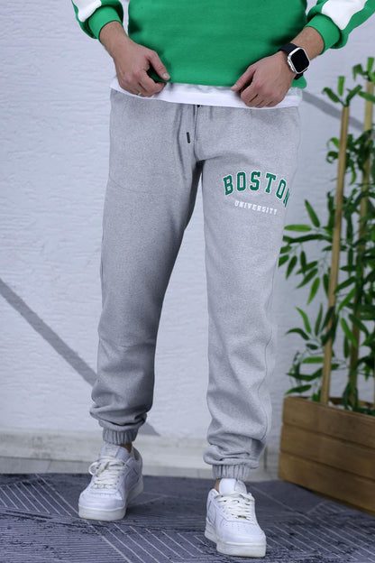 Erkek Üç İplik Eşofman Altı Boston Baskı - Gri