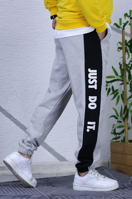 Erkek Üç İplik Parçalı Just Baskılı Eşofman Altı - Gri