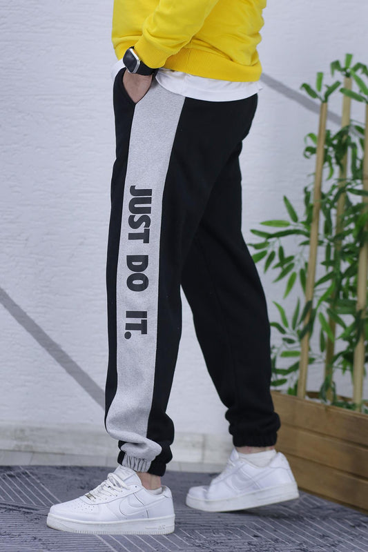 Erkek Üç İplik Parçalı Just Baskılı Eşofman Altı - kömür siyah