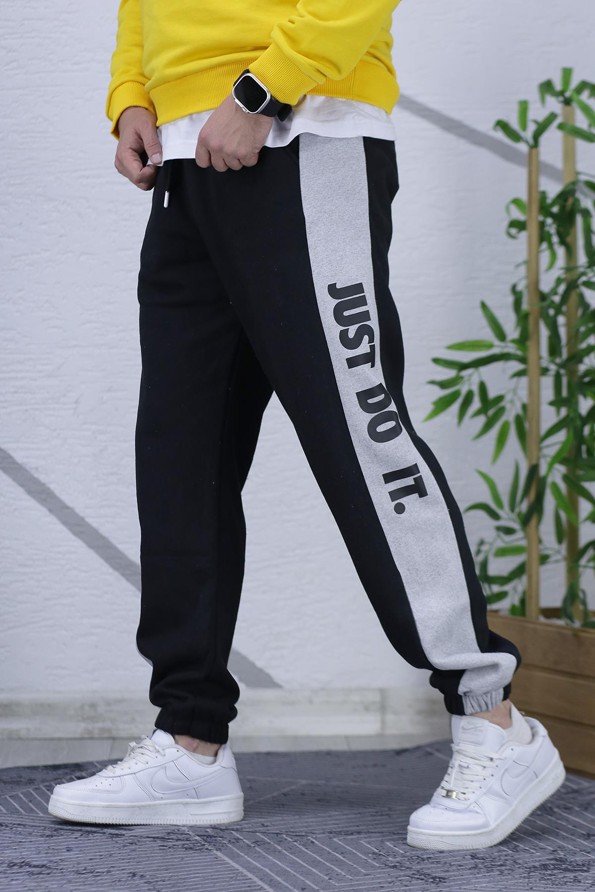 Erkek Üç İplik Parçalı Just Baskılı Eşofman Altı - kömür siyah