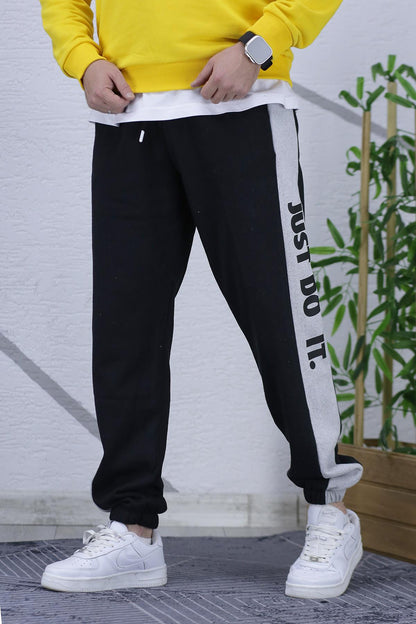 Erkek Üç İplik Parçalı Just Baskılı Eşofman Altı - kömür siyah