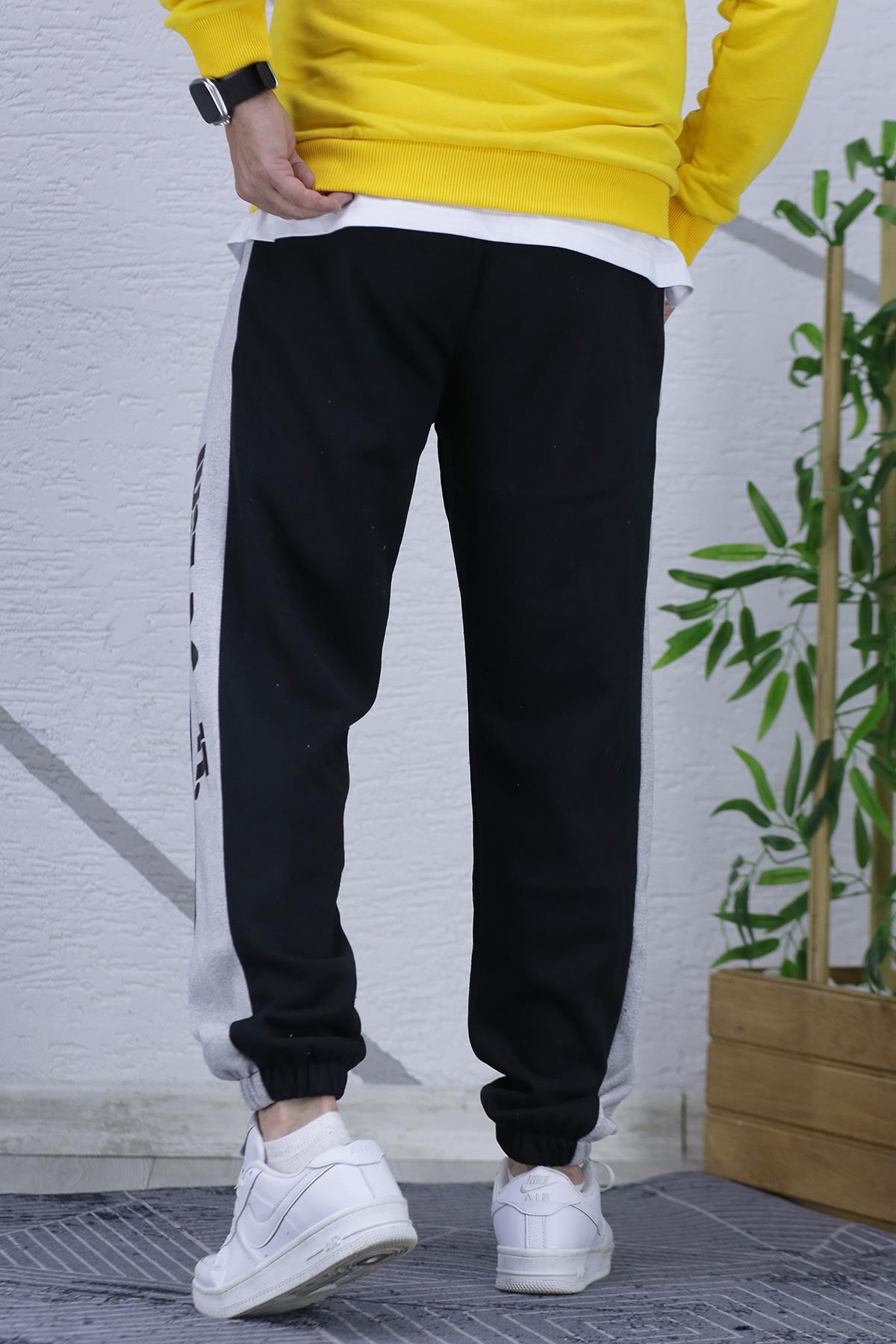 Erkek Üç İplik Parçalı Just Baskılı Eşofman Altı - kömür siyah