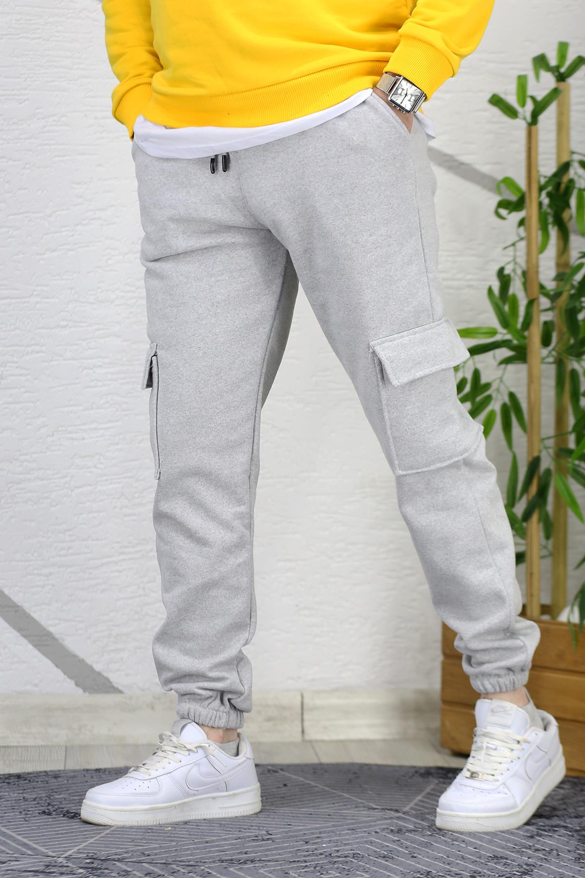 Erkek Üç İplik Şadonlu Kargo Cepli Eşofman Altı - Gri