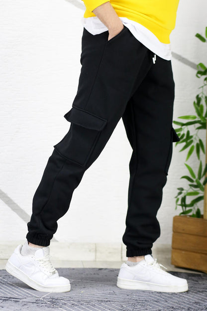 Erkek Üç İplik Şadonlu Kargo Cepli Eşofman Altı - Siyah