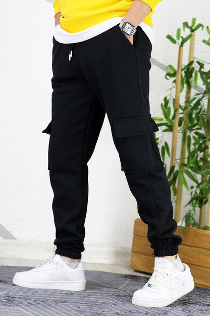 Erkek Üç İplik Şadonlu Kargo Cepli Eşofman Altı - Siyah