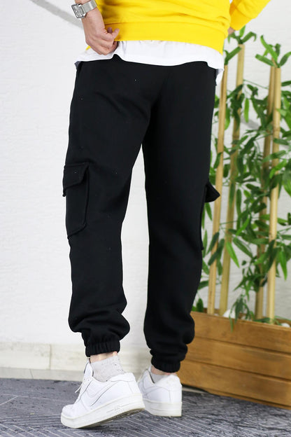 Erkek Üç İplik Şadonlu Kargo Cepli Eşofman Altı - Siyah