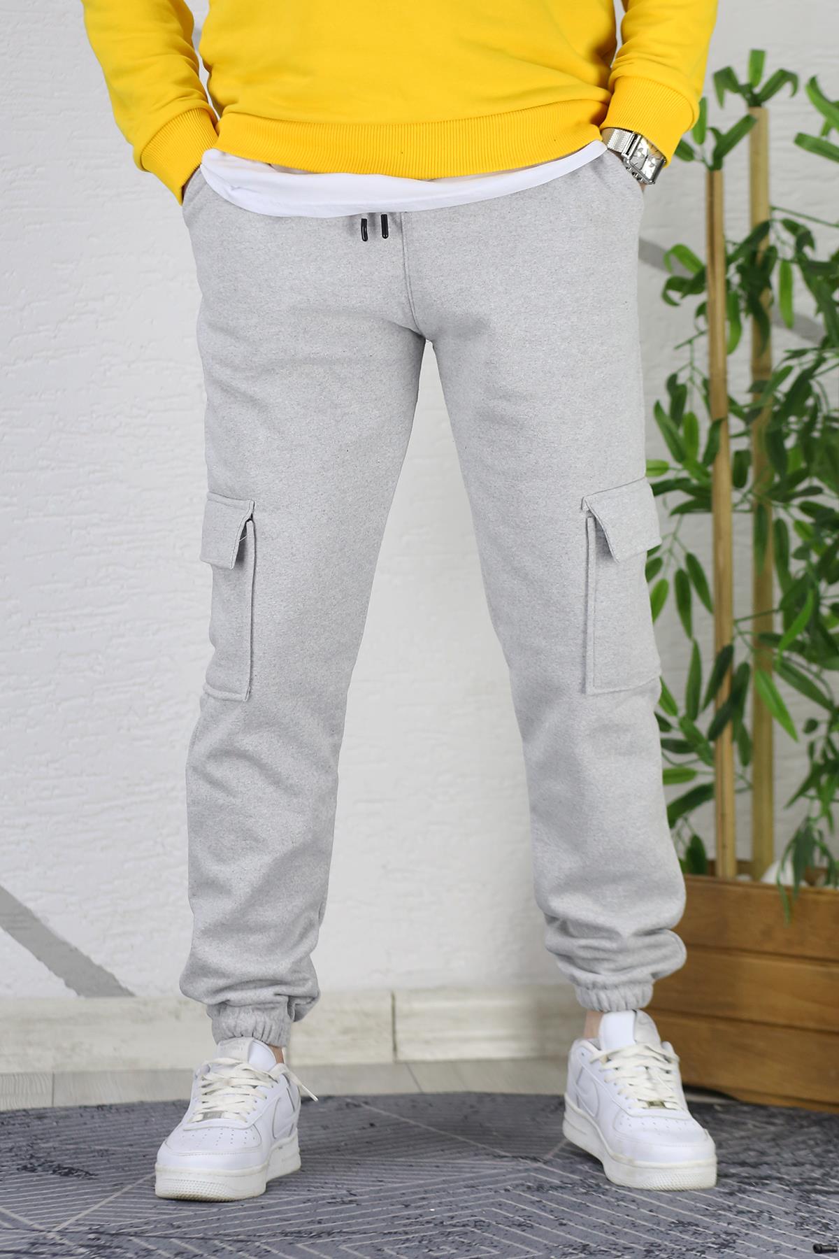 Erkek Üç İplik Şadonlu Kargo Cepli Eşofman Altı - Gri