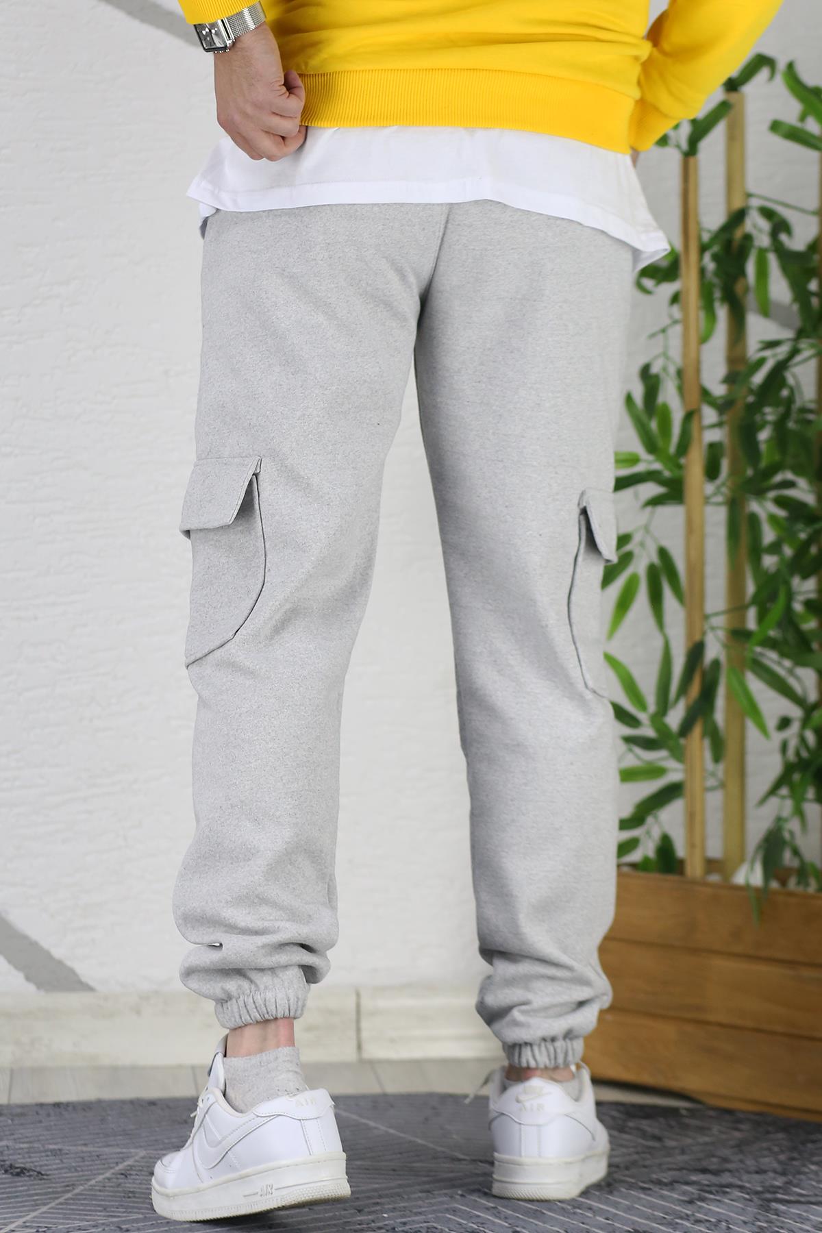 Erkek Üç İplik Şadonlu Kargo Cepli Eşofman Altı - Gri