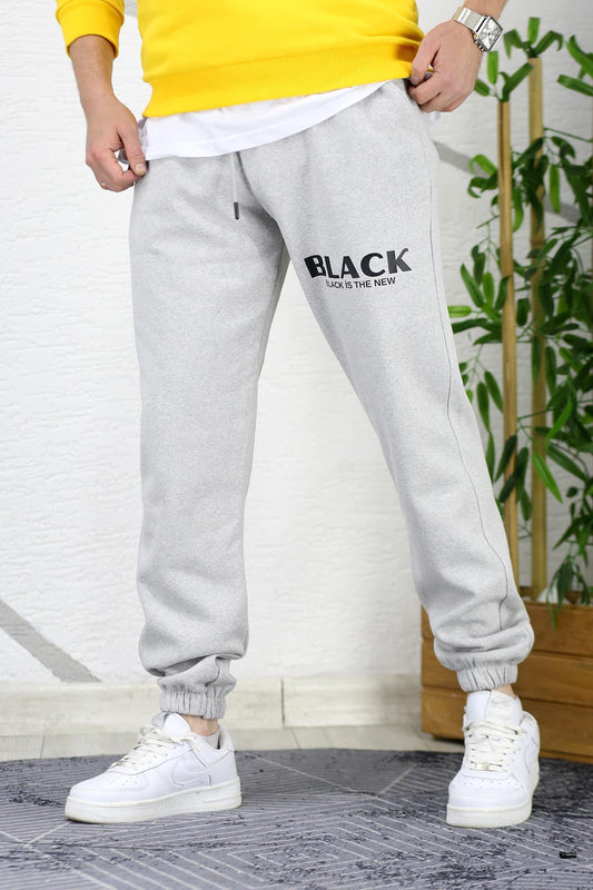 Erkek Üç İplik Şardonlu Black Baskılı Eşofman Altı - Gri