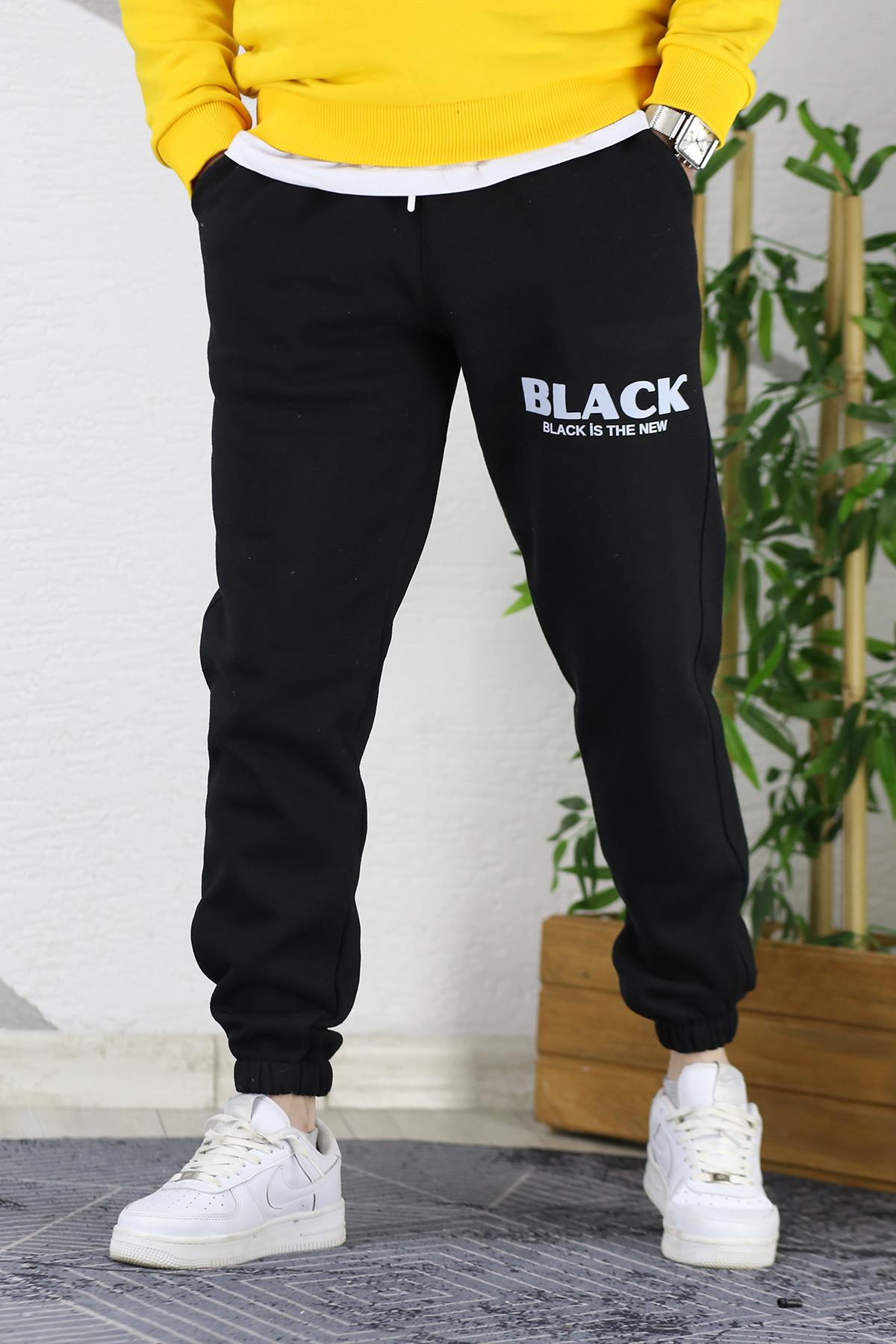 Erkek Üç İplik Şardonlu Black Baskılı Eşofman Altı - Siyah