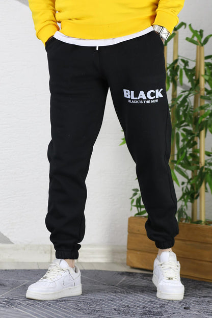 Erkek Üç İplik Şardonlu Black Baskılı Eşofman Altı - Siyah