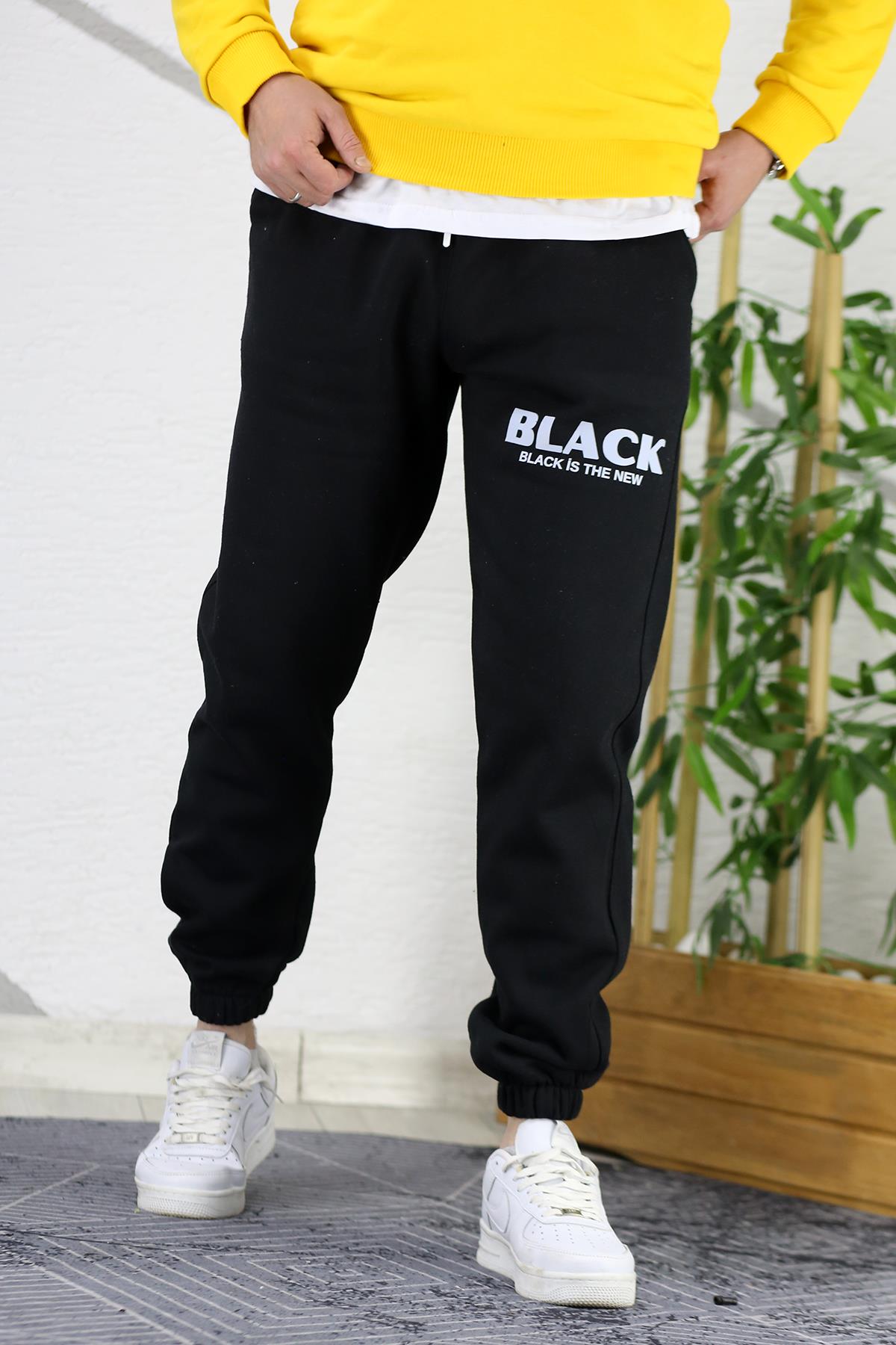 Erkek Üç İplik Şardonlu Black Baskılı Eşofman Altı - Siyah