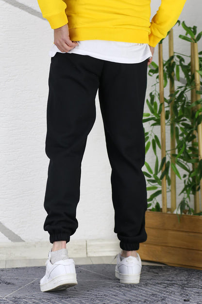 Erkek Üç İplik Şardonlu Black Baskılı Eşofman Altı - Siyah